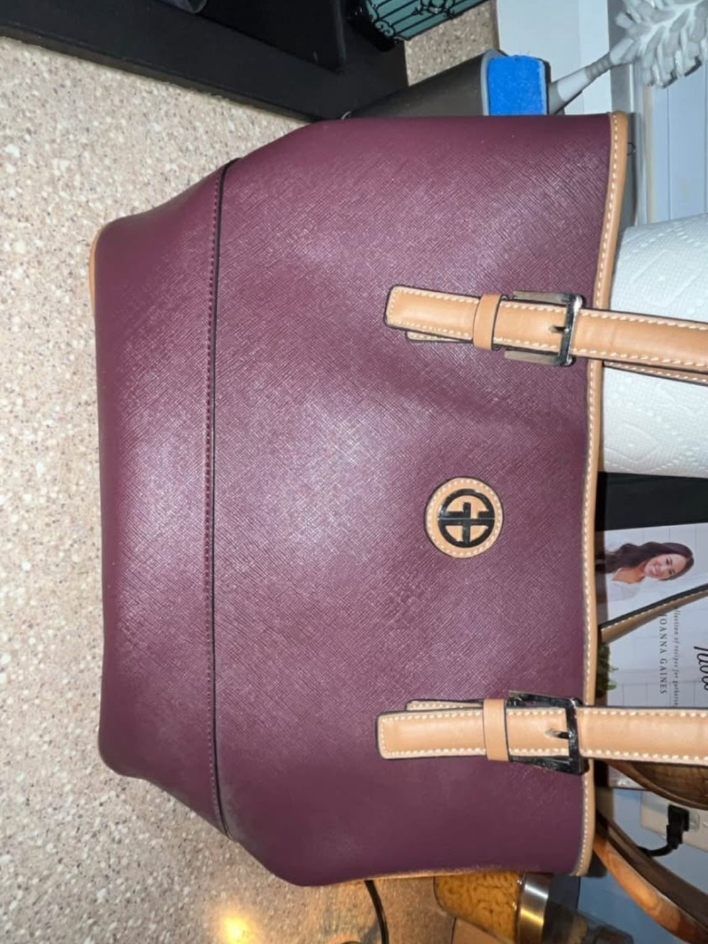 Women's Structured Tote Bag in Burgundy with Tan Trim